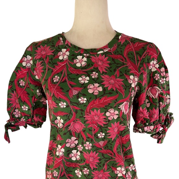 Zara Pink & Green Floral Cotton Bow Tie Puff Short Sleeve Cropped Top - M - Picture 5 of 15